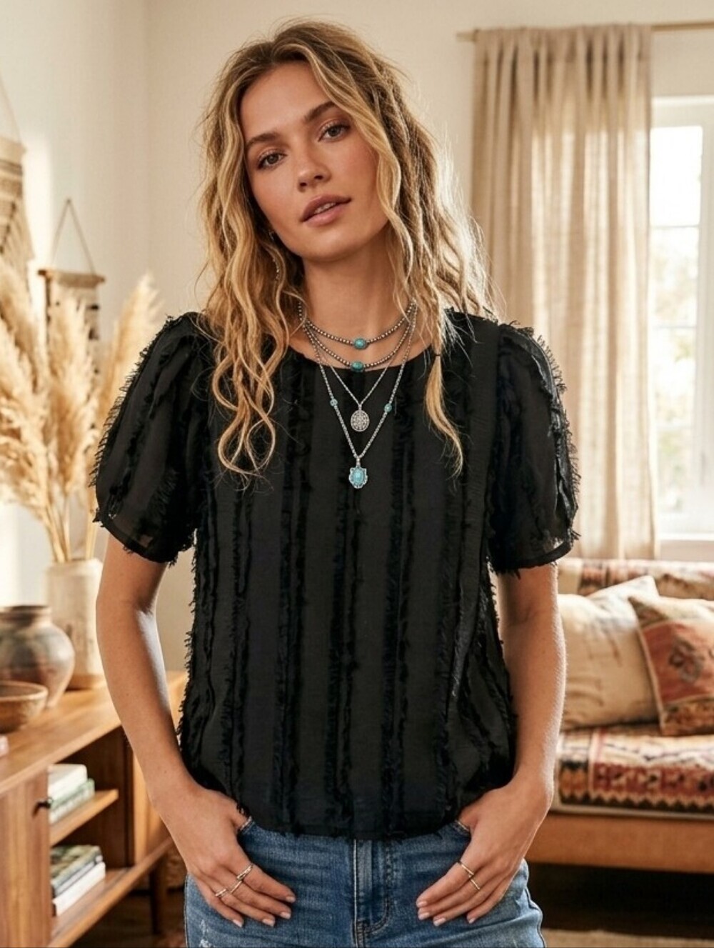 789 Everleigh Black Textured Frayed Stripe Blouse - XS